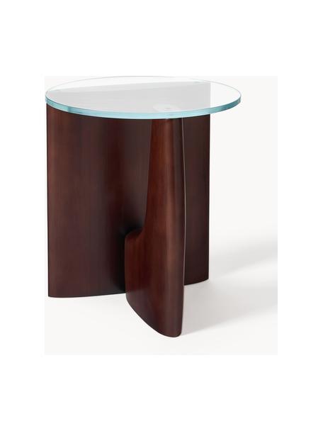 Tavolino rotondo in legno con piano in vetro Miya, Gambe: legno massello di pioppo,, Legno di pioppo laccato marrone scuro, trasparente, Ø 53 x Alt. 55 cm