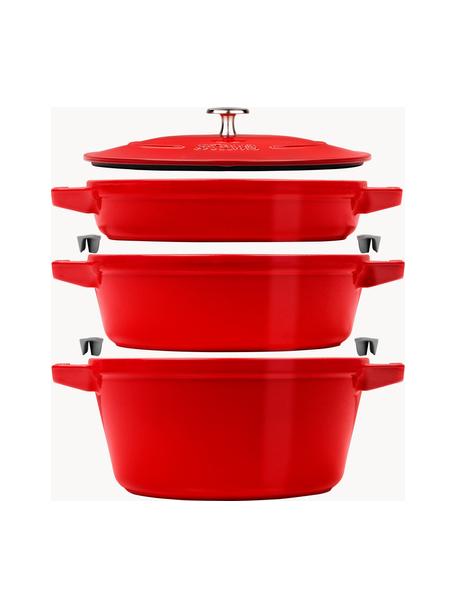 Kochtopfset La Cocotte aus Gusseisen, 3-tlg., Gusseisen, emailliert, Rot, Silberfarben, Set mit verschiedenen Größen