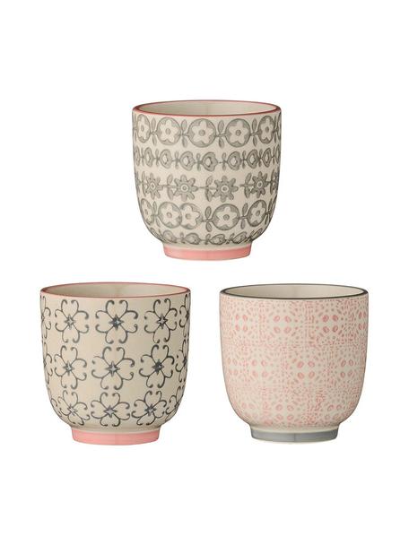 Mugs à expresso à motifs Cécile, 3 élém., Céramique, Beige, gris, rose, Ø 7 x haut. 7 cm, 180 ml