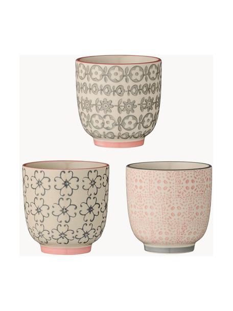 Mugs à expresso à motifs Cécile, 3 élém., Céramique, Beige, gris, rose, Ø 7 x haut. 7 cm, 180 ml