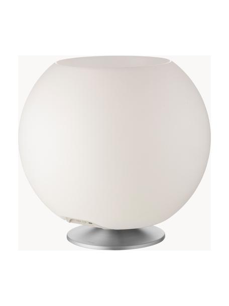 Lampada da tavolo LED con luce regolabile, altoparlante e glacette Bluetooth Sphere, Paralume: polietilene, Struttura: metallo rivestito, Bianco, argentato, Ø 38 x Alt. 36 cm
