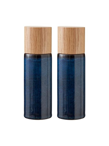 Salero y pimientero de gres Bizz, 2 pzas., Recipiente: gres, Grinder: cerámica, Azul oscuro, marrón, madera clara, Ø 5 x Al 17 cm