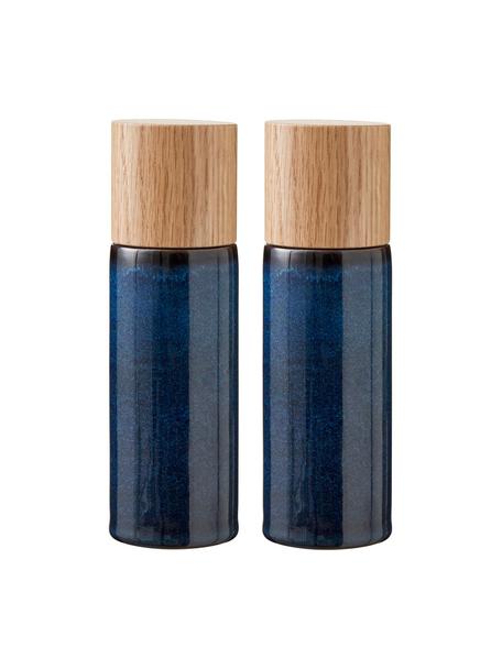 Salero y pimientero Bizz, 2 pzas., Recipiente: gres, Grinder: cerámica, Azul oscuro, madera de roble, Ø 5 x Al 17 cm