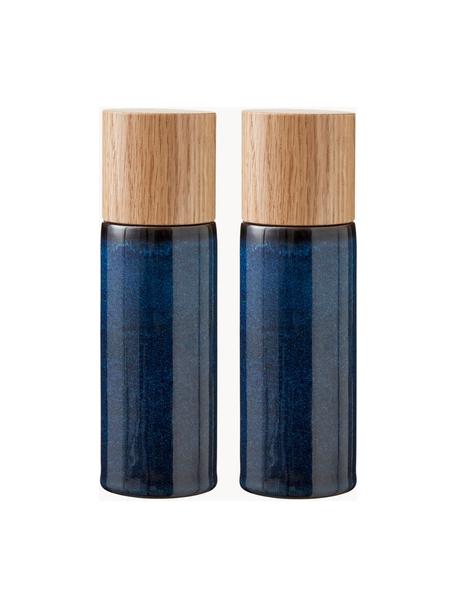 Set macina sale e pepe in gres con coperchio Bizz 2 pz, Coperchio: legno di quercia, Blu scuro, legno di quercia, Ø 5 x Alt. 17 cm