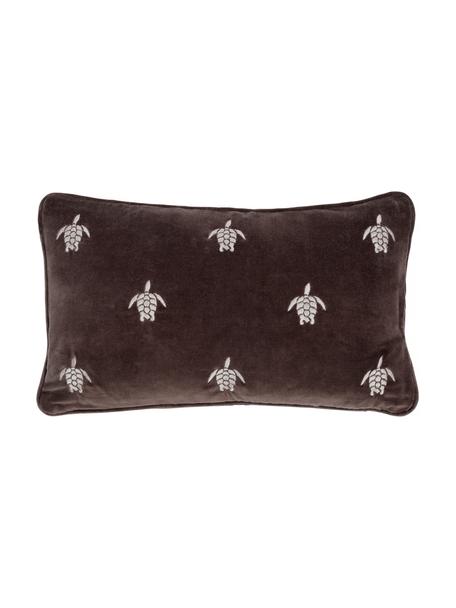 Poszewka na poduszkę z aksamitu z haftem Galapagos, Ciemny brązowy, odcienie srebrnego, S 30 x D 50 cm