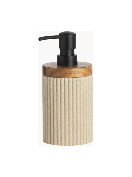 Dosificador de jabón con madera Laura, Plástico, madera de acacia, Beige claro, madera de acacia, Ø 8 x Al 18 cm