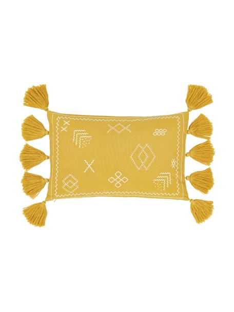 Poszewka na poduszkę z haftem i chwostami Huata, Bawełna, Żółty, beżowy, S 30 x D 50 cm