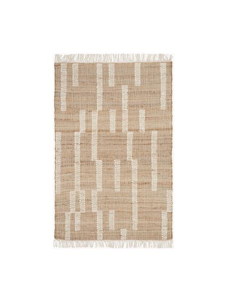 Handgefertigter Jute-Teppich Kerala mit Fransen, 68 % Jute, 23 % Baumwolle, 9 % Wolle, Braun, Cremeweiß, B 120 x L 180 cm (Größe S)