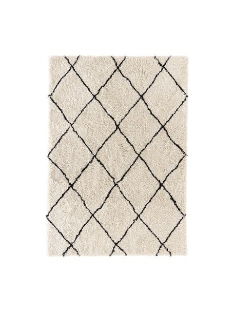 Zacht hoogpolig vloerkleed Naima, handgetuft, Bovenzijde: 100% polyester, Onderzijde: 100% katoen, Beige, zwart, B 80 x L 150 cm (maat XS)