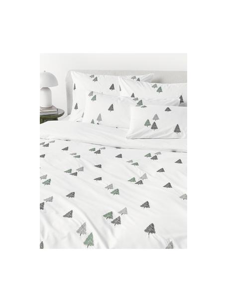 Housse de couette en percale de coton avec sapins Darina, Blanc, vert, gris, larg. 140 x long. 200 cm