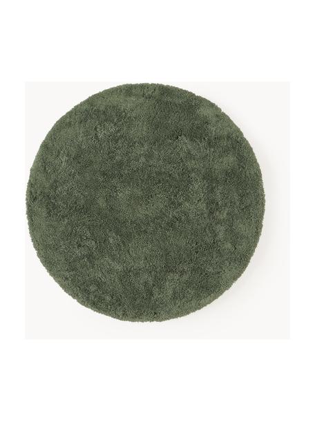 Pluizig rond hoogpolig vloerkleed Leighton, Onderzijde: 70% polyester, 30% katoen, Donkergroen, Ø 120 cm (maat S)