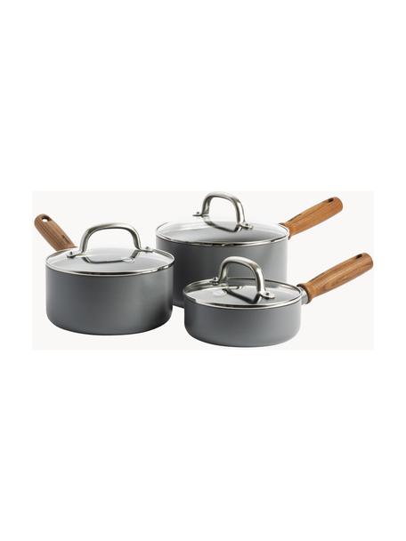 Set 3 casseruole con rivestimento antiaderente Mayflower Pro, Grigio scuro, legno scuro, Set in varie misure