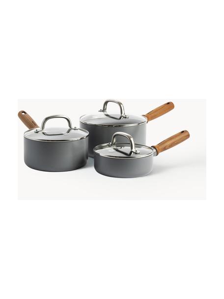 Set 3 casseruole con rivestimento antiaderente Mayflower Pro, Grigio scuro, legno scuro, Set in varie misure