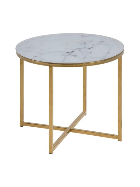 Beistelltisch Aruba mit marmorierter Glasplatte, Tischplatte: Glas, matt bedruckt, Gestell: Stahl, vermessingt, Weiß, Messing, Ø 50 x H 42 cm