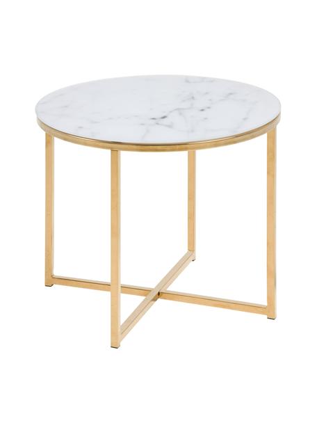 Beistelltisch Aruba mit marmorierter Glasplatte, Tischplatte: Glas, matt bedruckt, Gestell: Stahl, vermessingt, Weiß, marmoriert, Goldfarben, Ø 50 x H 42 cm