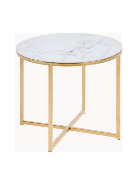 Beistelltisch Aruba mit marmorierter Glasplatte, Tischplatte: Glas, matt bedruckt, Gestell: Stahl, vermessingt, Marmor-Optik Weiss, Goldfarben, Ø 50 x H 42 cm