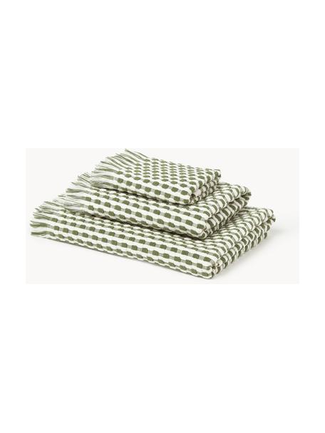 Súprava uterákov s reliéfnou štruktúrou Juniper, Lomená biela, zelená, 3-dielna súprava (malý uterák, uterák, osuška)