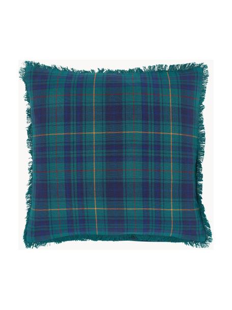 Geruite kussenhoes Stirling met franjes, 100 % katoen, Blauwtinten, B 45 x L 45 cm
