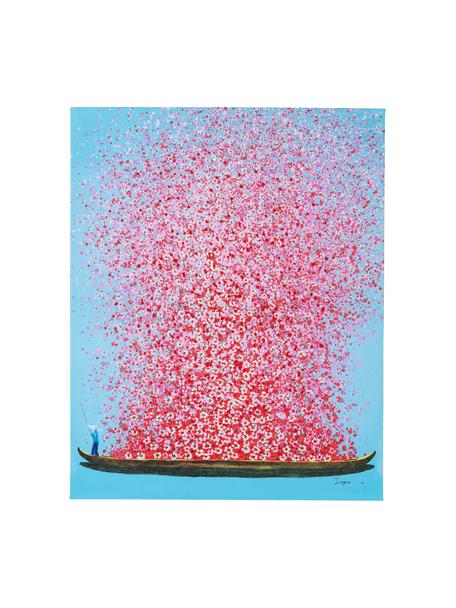 Beschilderd canvas print Bloemenboot in blauw/roze, Afbeelding: digitale print met acryl , Lijst: massief natuurlijk dennen, Blauw, roze, B 80 x H 100 cm