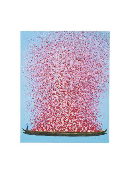 Impression sur toile peinte à la main Flower Boat, Bleu, rose, larg. 80 x haut. 100 cm