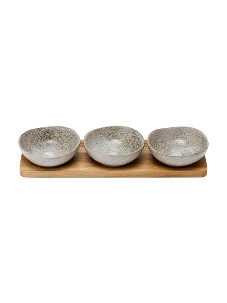 Set 4 ciotole in porcellana e legno di acacia Artisan, Vassoio: legno d'acacia, Grigio, legno di acacia, Set in varie misure