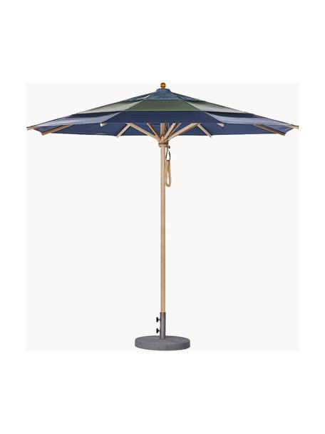 Handgemaakte ronde parasol Klassiker Breeze met katrol, Blauwtinten, donkergroen, helder hout, Ø 300 x H 273 cm