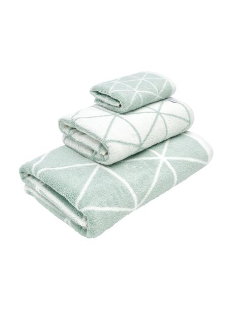 Lot de serviettes de bain réversibles Elina, 3 élém., 100 % coton
Grammage intermédiaire 550 g/m², Vert menthe & blanc crème, imprimé, Lot de différentes tailles