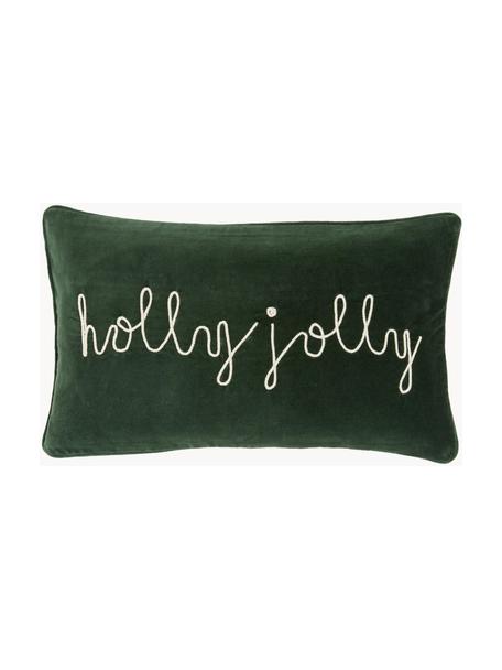 Bestickte Samt-Kissenhülle Holly Jolly mit Kederumrandung, Samt (100 % Baumwolle), Dunkelgrün, B 30 x L 50  cm