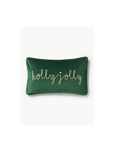 Bestickte Samt-Kissenhülle Holly Jolly mit Kederumrandung, Samt (100 % Baumwolle), Dunkelgrün, B 30 x L 50 cm