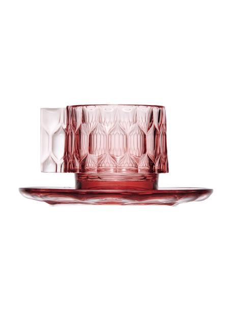 Tazas de café con platitos con relieves Jellies, 4 uds., Plástico, Rosa transparente, Ø 6 x Al 7 cm, 90 ml
