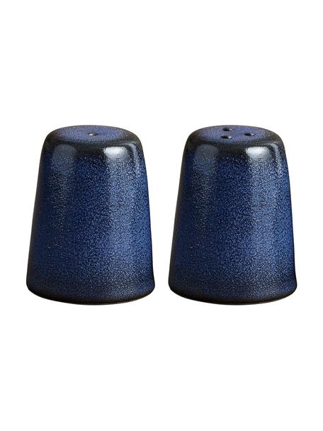 Salero y pimentero artesanales de gres Raw, 2 uds., Gres, Azul, negro, moteado, Ø 5 x Al 6 cm