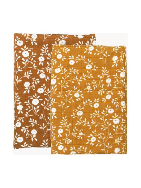 Lingettes en mousseline Blossoms, 2 élém., Tons bruns, blanc cassé, larg. 60 x long. 60 cm