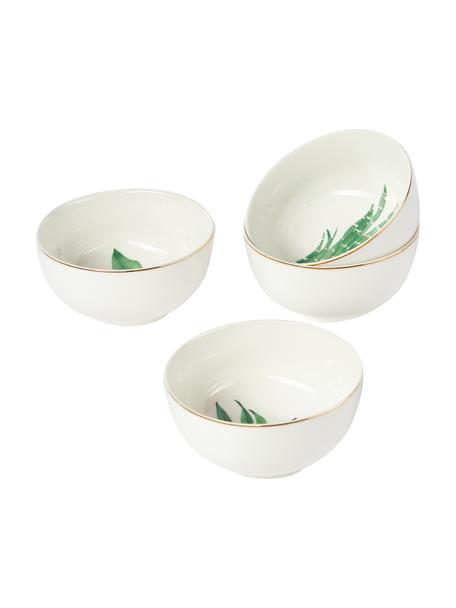 Set 4 ciotole in Fine Bone China con motivo tropicale Timba, Fine Bone China (porcellana)
Fine bone china è una porcellana a pasta morbida che si caratterizza per la sua particolare lucentezza radiosa e traslucida, Bianco, verde, dorato, fantasia, Ø 14 x Alt. 7 cm