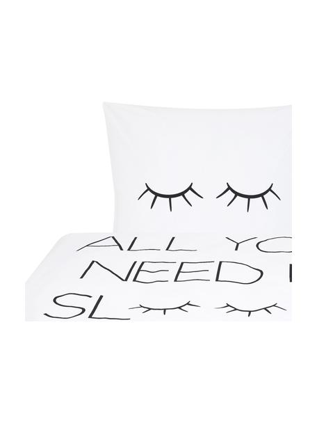 Baumwollperkal-Bettwäsche Sleepy Eyes mit Schriftzug, Webart: Perkal Fadendichte 200 TC, Weiß, Schwarz, 135 x 200 cm + 1 Kissen 80 x 80 cm