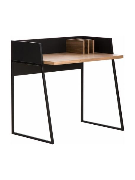 Kleiner Schreibtisch Camille mit Ablage, Beine: Metall, lackiert, Eichenholz, Schwarz, B 90 x T 60 cm