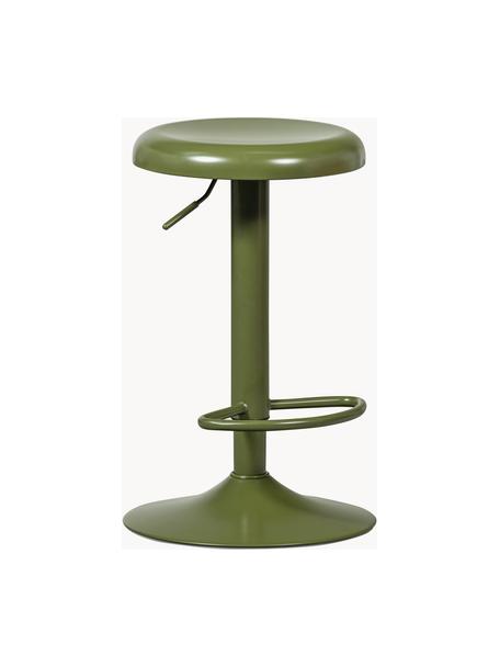 Taburete de bar de metal Isaac, regulable en altura, Aluminio recubierto, Verde oliva, Ø 39 x Al 61-81 cm