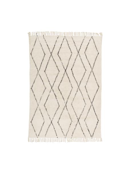Handgetuft katoenen vloerkleed Bina met ruitjesmotief en franjes, 100% katoen, Beige, zwart, B 120 x L 180 cm (maat S)