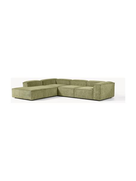 Canapé d'angle XL modulable en velours côtelé Lennon, Velours côtelé vert foncé, larg. 329 x prof. 269 cm, méridienne à gauche