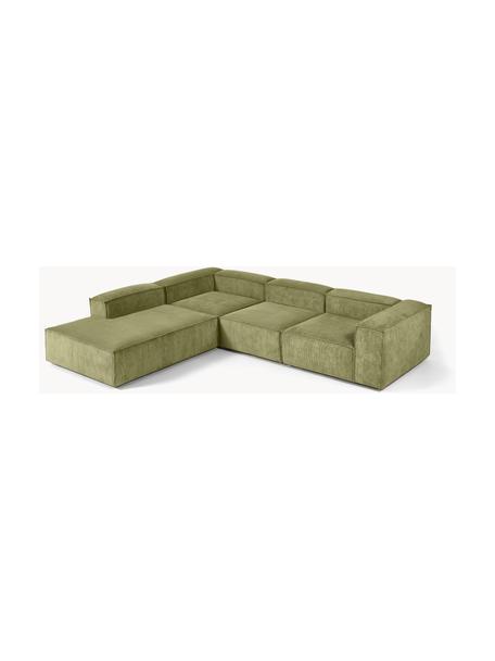 Modulares XL-Ecksofa Lennon aus Cord, Bezug: Cord (92 % Polyester, 8 %, Gestell: Massives Kiefernholz FSC-, Füße: Kunststoff, Cord Dunkelgrün, B 329 x T 269 cm, Eckteil links