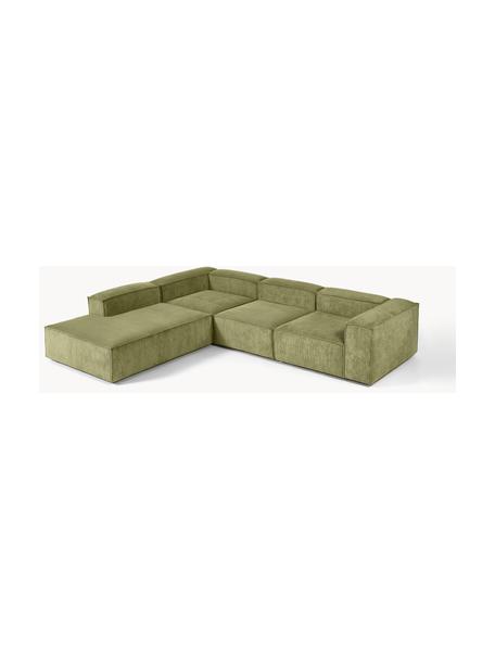 Sofá rinconera modular grande de pana Lennon, Tapizado: pana (92% poliéster, 8% p, Estructura: madera de pino maciza, ma, Patas: plástico Este producto es, Pana verde oscuro, An 329 x F 269 cm, chaise longue izquierda