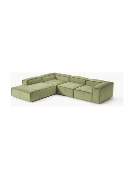 Sofá rinconera modular grande de pana Lennon, Tapizado: pana (92% poliéster, 8% p, Estructura: madera de pino maciza, ma, Patas: plástico Este producto es, Pana verde oliva, An 329 x F 269 cm, chaise longue izquierda