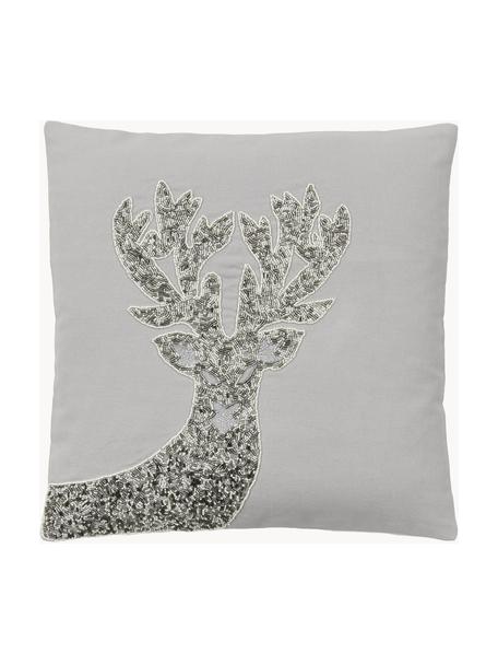Vyšívaný povlak na polštář s vánočním vzorem Deer, 100% bavlna, Světle šedá, Š 45 cm, D 45 cm