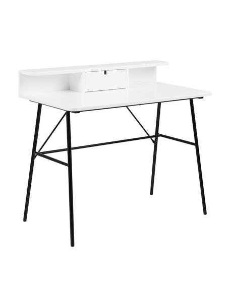 Schreibtisch Pascal in Weiß mit Schublade , Beine: Metall, lackiert, Tischplatte und Aufbau: Mitteldichte Holzfaserpla, Holz, weiß lackiert, Schwarz, B 100 x T 55 cm