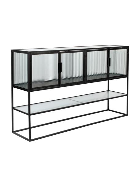 Aparador de metal y vidrio estriado Boli, Estructura: metal con pintura en polv, Negro, semitransparente, An 150 x Al 90 cm