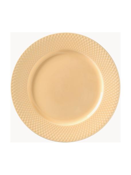 Plato llano artesanal de porcelana Rhombe, 4 uds., Porcelana, Amarillo sol, Ø 27 cm