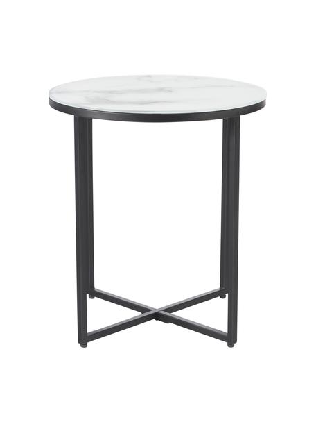 Tavolino rotondo con piano in vetro effetto marmo Antigua, Struttura: acciaio verniciato a polv, Bianco effetto marmo. nero, Ø 45 x Alt. 50 cm