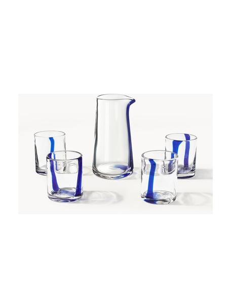 Mundgeblasene Wasserkaraffe Taha mit Wassergläsern, 5er-Set, Transparent mit royalblauem Dekor, Set mit verschiedenen Größen