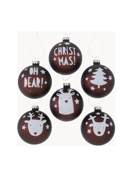 Handgefertigte Weihnachtskugeln Oh Dear, 12er-Set, Braun, Weiß, Silberfarben, Ø 8 x H 8 cm