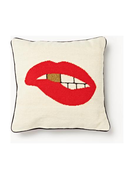 Handgemaakte wollendecoratief kussen Lips Bitten, Crèmewit, rood, B 45 x L 45 cm