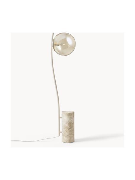 Lámpara de pie pequeña de travertino Cora, Pantalla: vidrio, Estructura: acero recubierto, Cable: plástico, Travertino beige, Al 127 cm